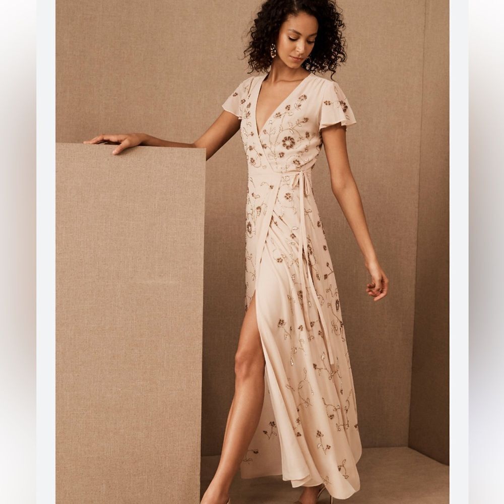 BHLDN Anthropologie Plymouth Wrap Beaded Dress Size 0